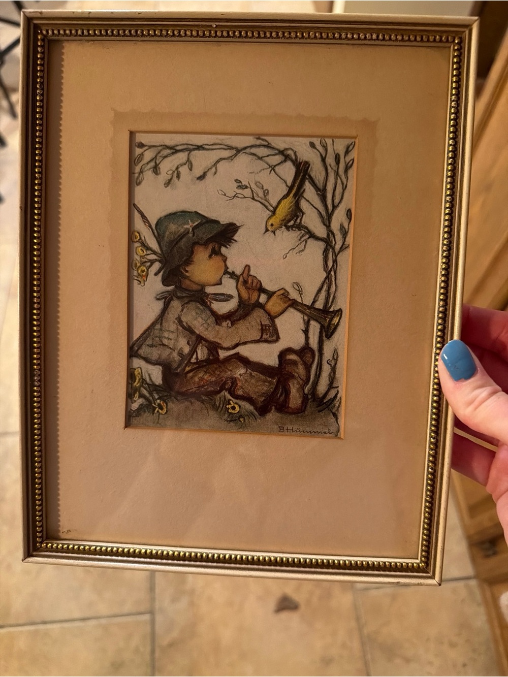 Vintage Berta Hummel Framed Print Boy Playing Flute for Bird Art Decor